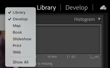 Hide modules in Adobe Lightroom