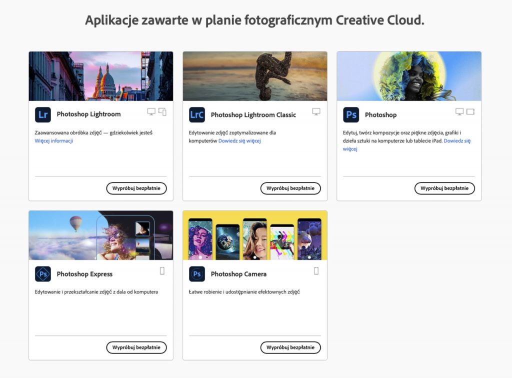 Aplikacje fotograficzne Adobe Creative Cloud Plan Fotograficzny