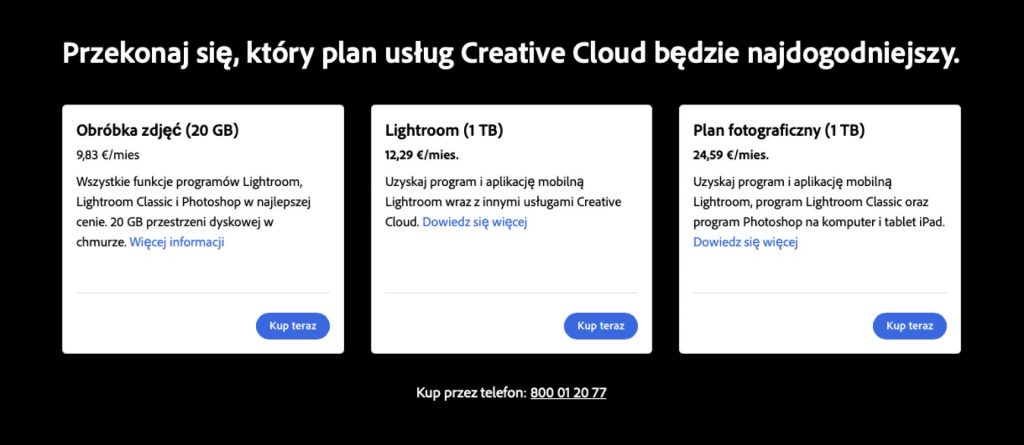 Warianty planów Adobe Creative Cloud dla fotografów