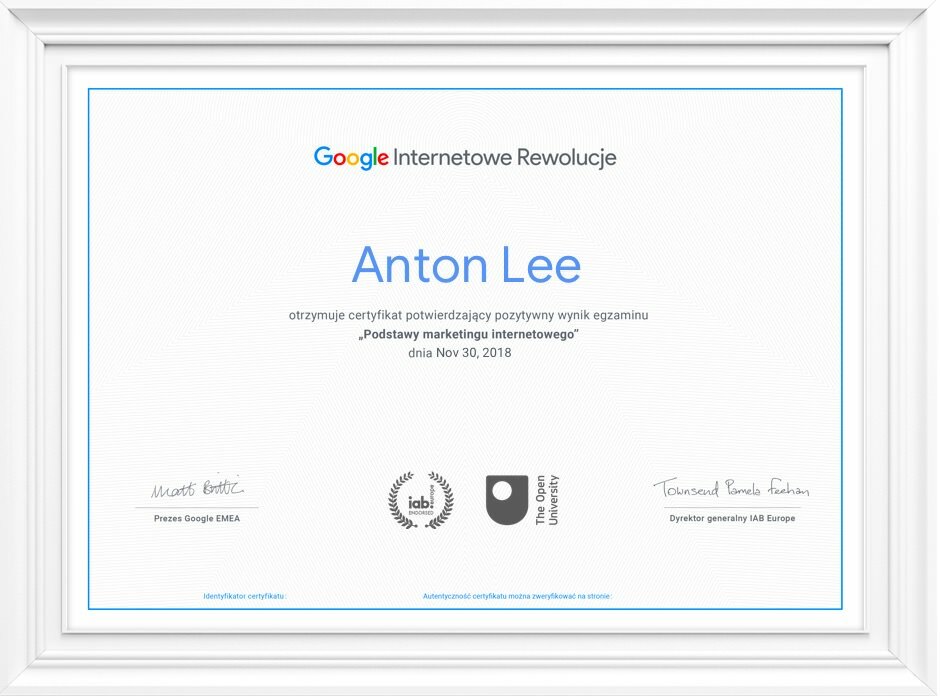 Certificate in the basics of Google Internet Marketing