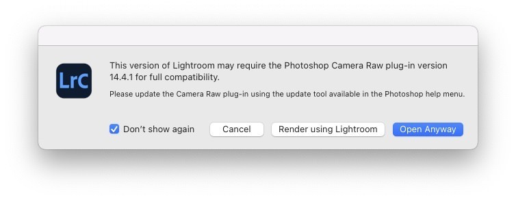 This version of Lightroom may require the Photoshop Camera Raw plug-in version