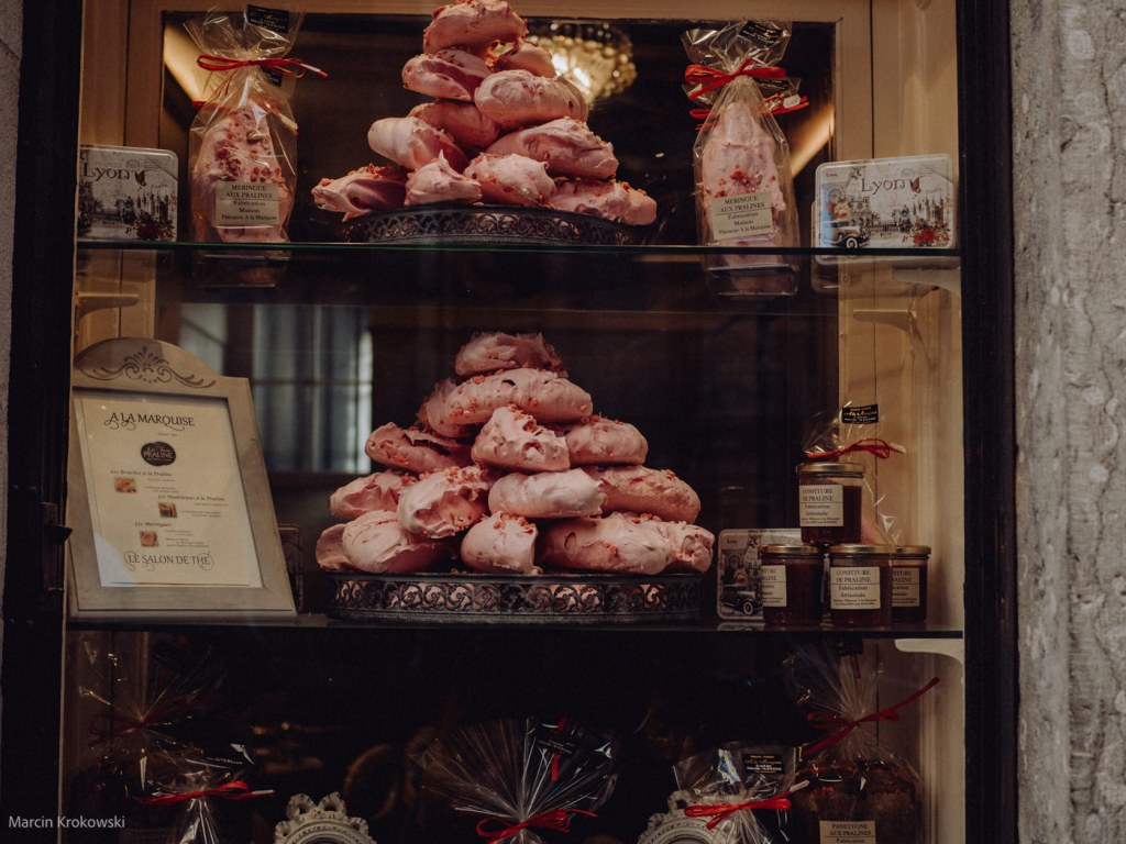 Display case of a French pastry store in Lyon